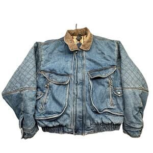 Vintage 90s Exchange Unlimited Denim Bomber Flight Jacket Mens Large Aztec Lined
